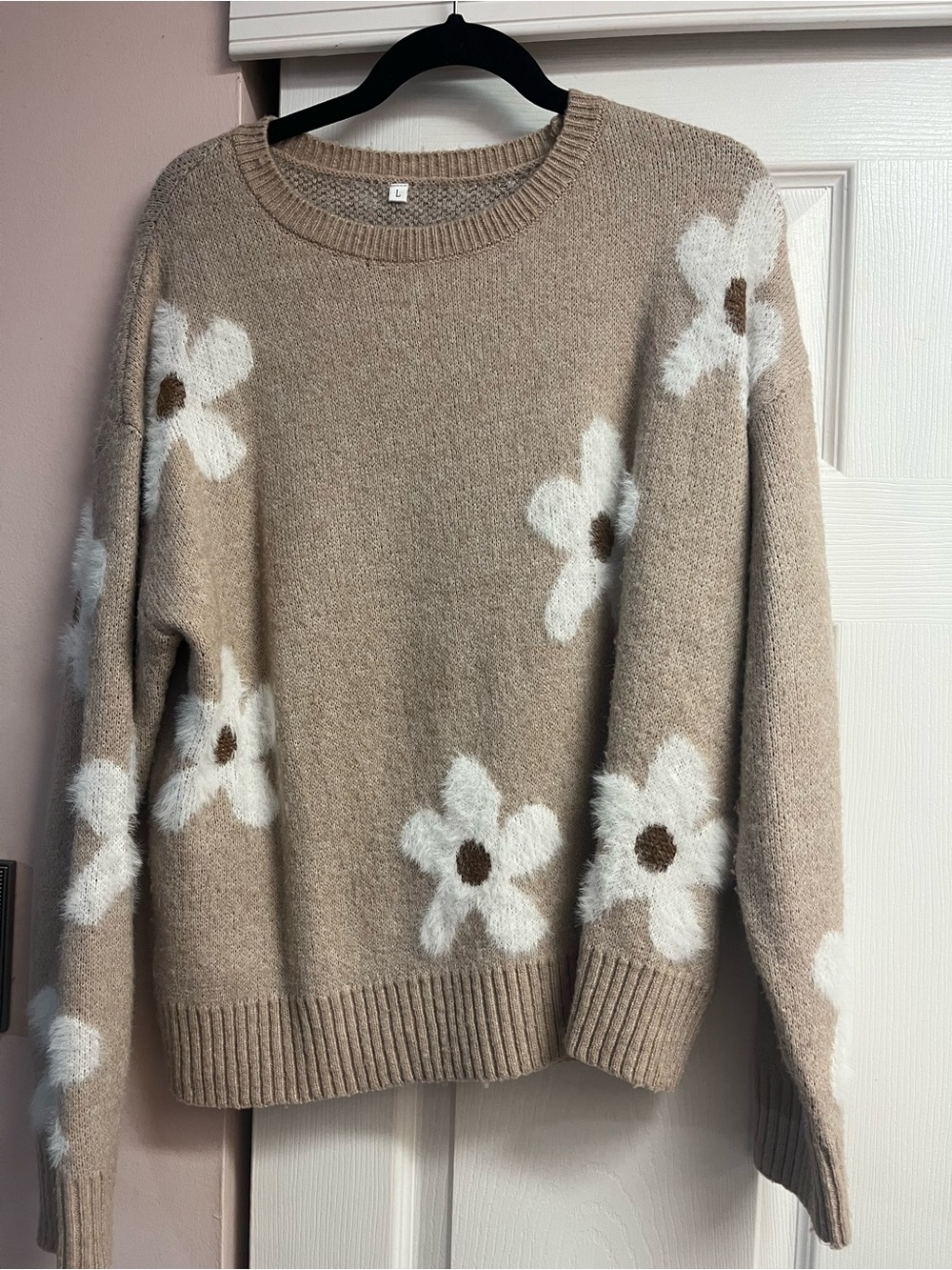 Cozy Beige Floral Crewneck Sweater